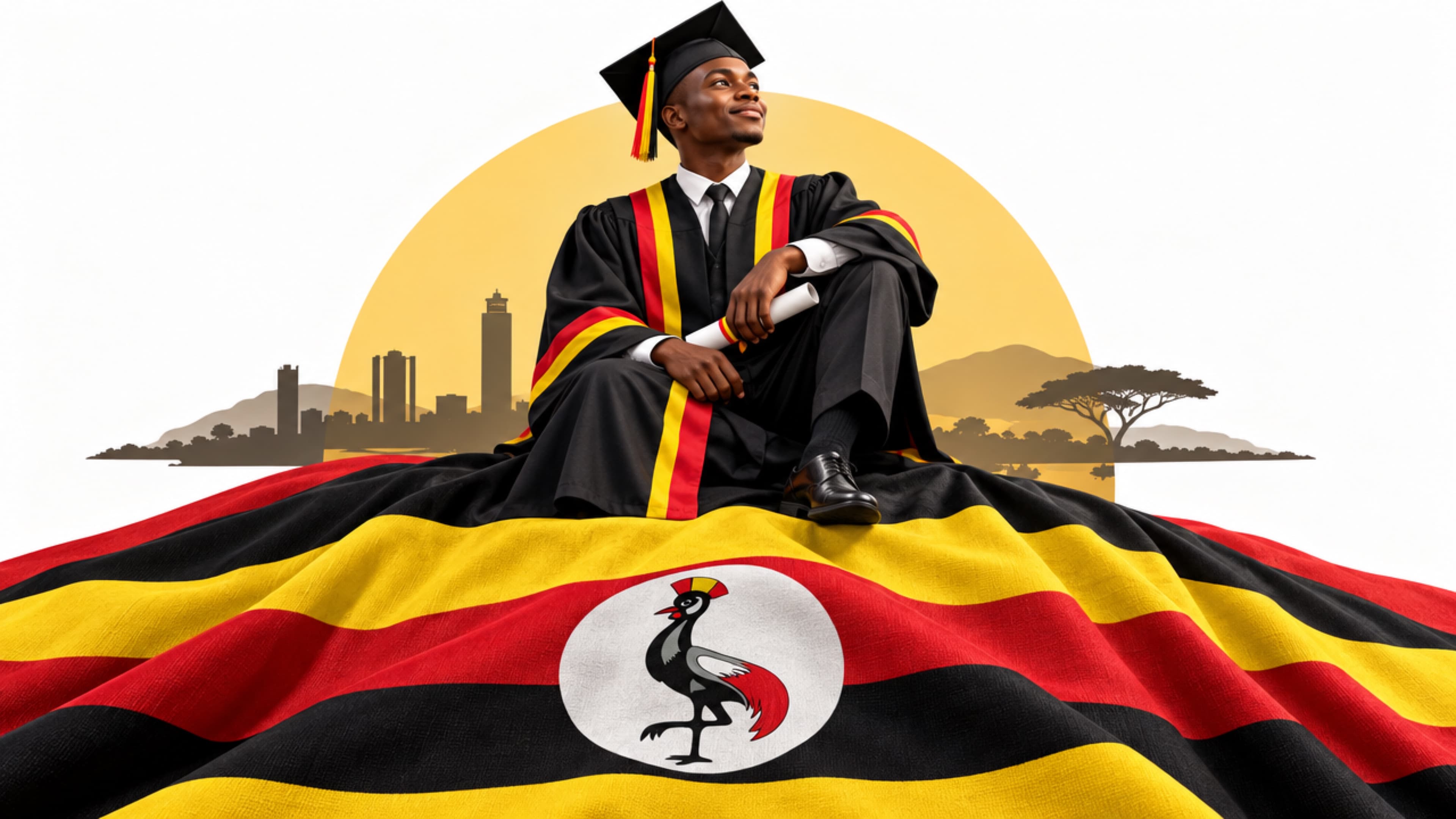 A graduate in a gown with Uganda’s national colours, seated on the Ugandan flag looking towards the future