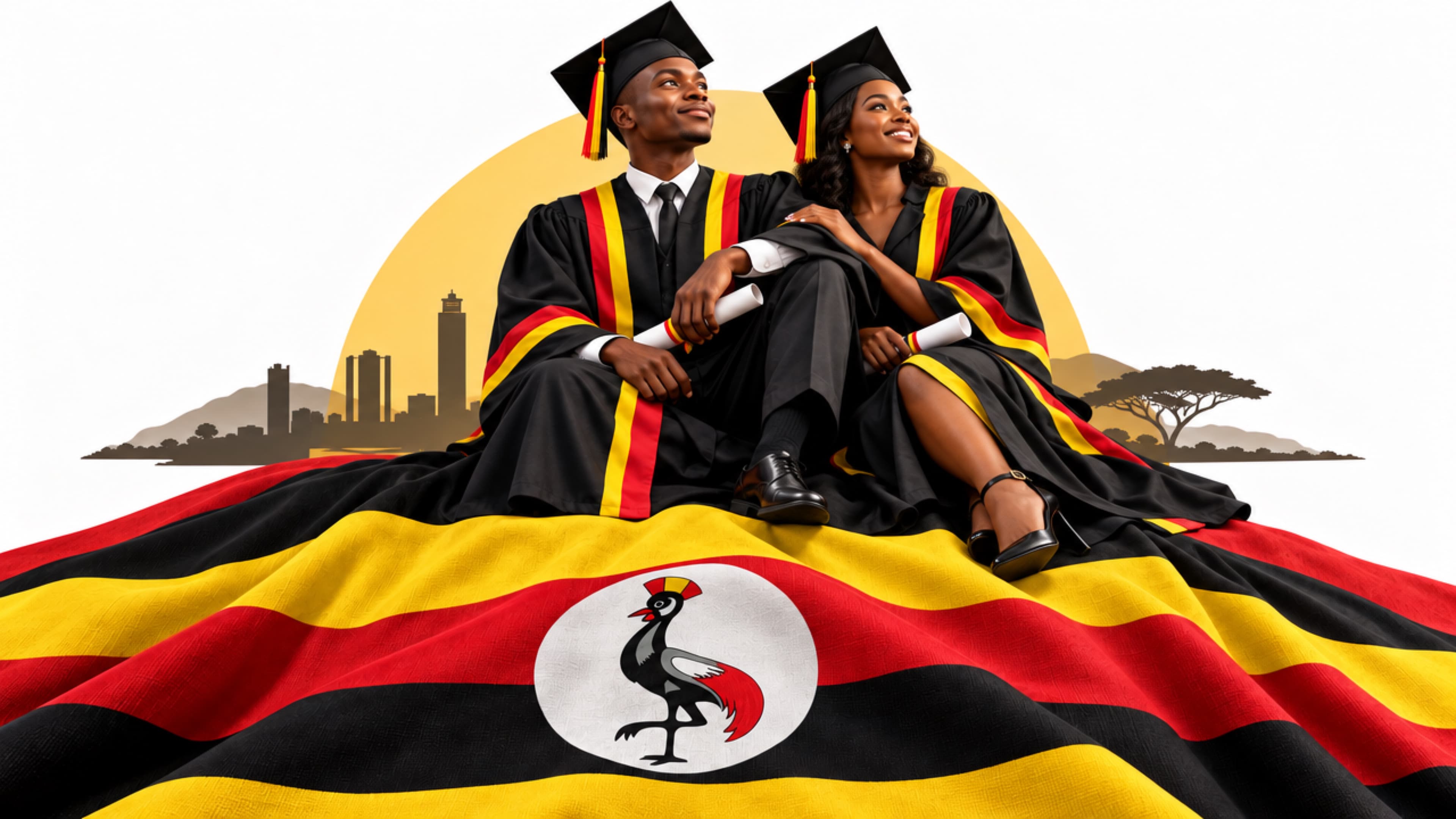 Two graduates in gowns trimmed in Uganda’s national colours, seated on the Ugandan flag in front of a Kampala skyline